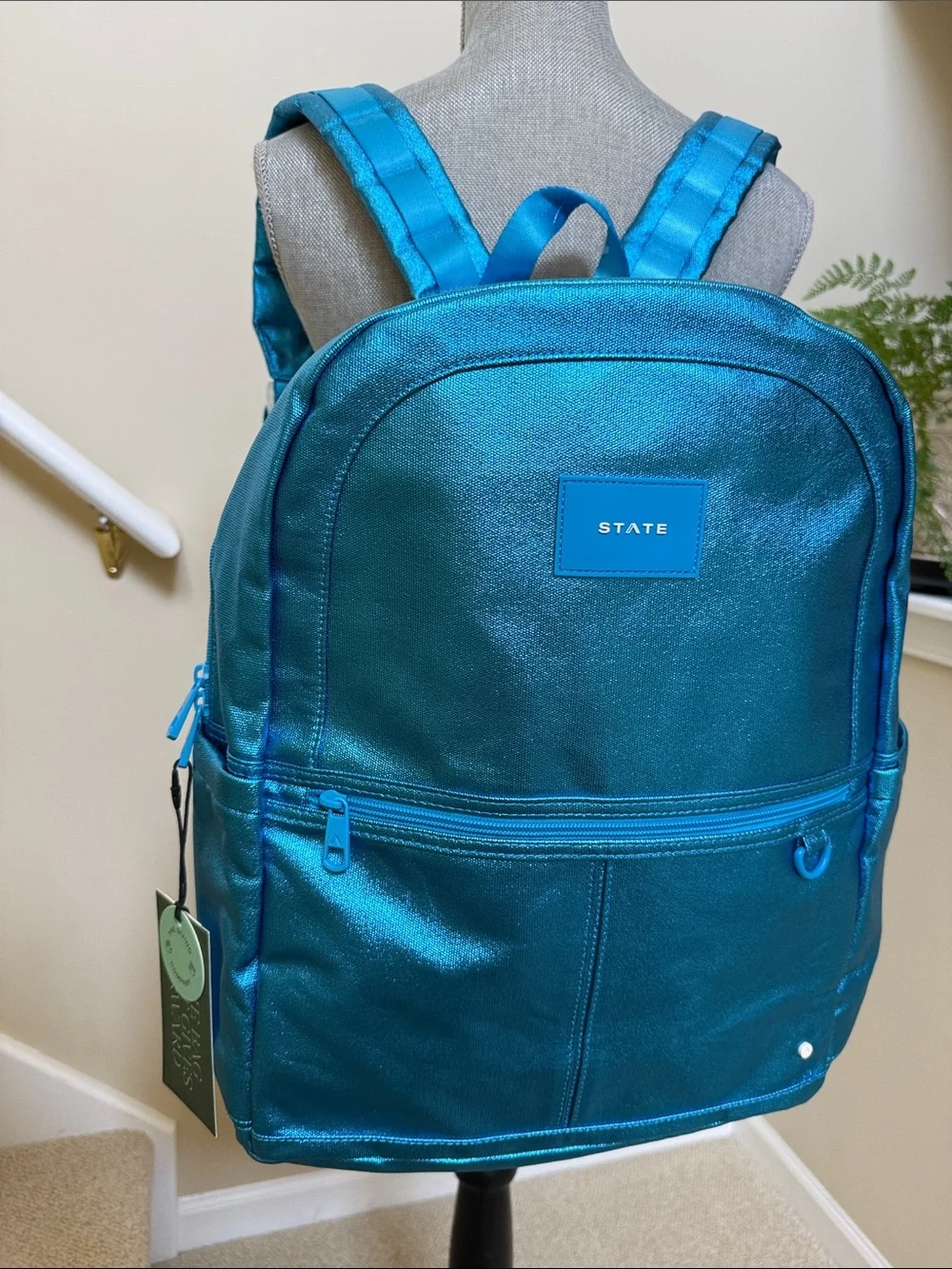 STATE Teal Metallic Kane Kids Large Backpack.